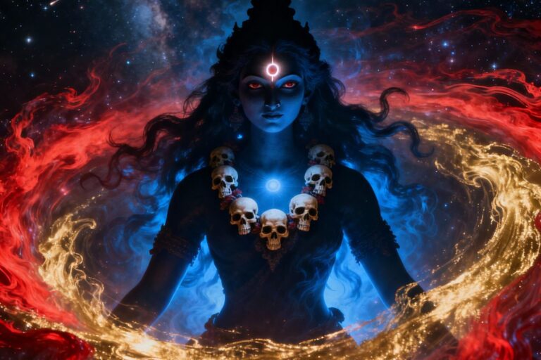 Divine figure of Goddess Kali with glowing red eyes, skull necklace, and cosmic aura—symbolizing fierce energy and spiritual shielding in Kali Stotra for protection. which is dakshina kali stotra
