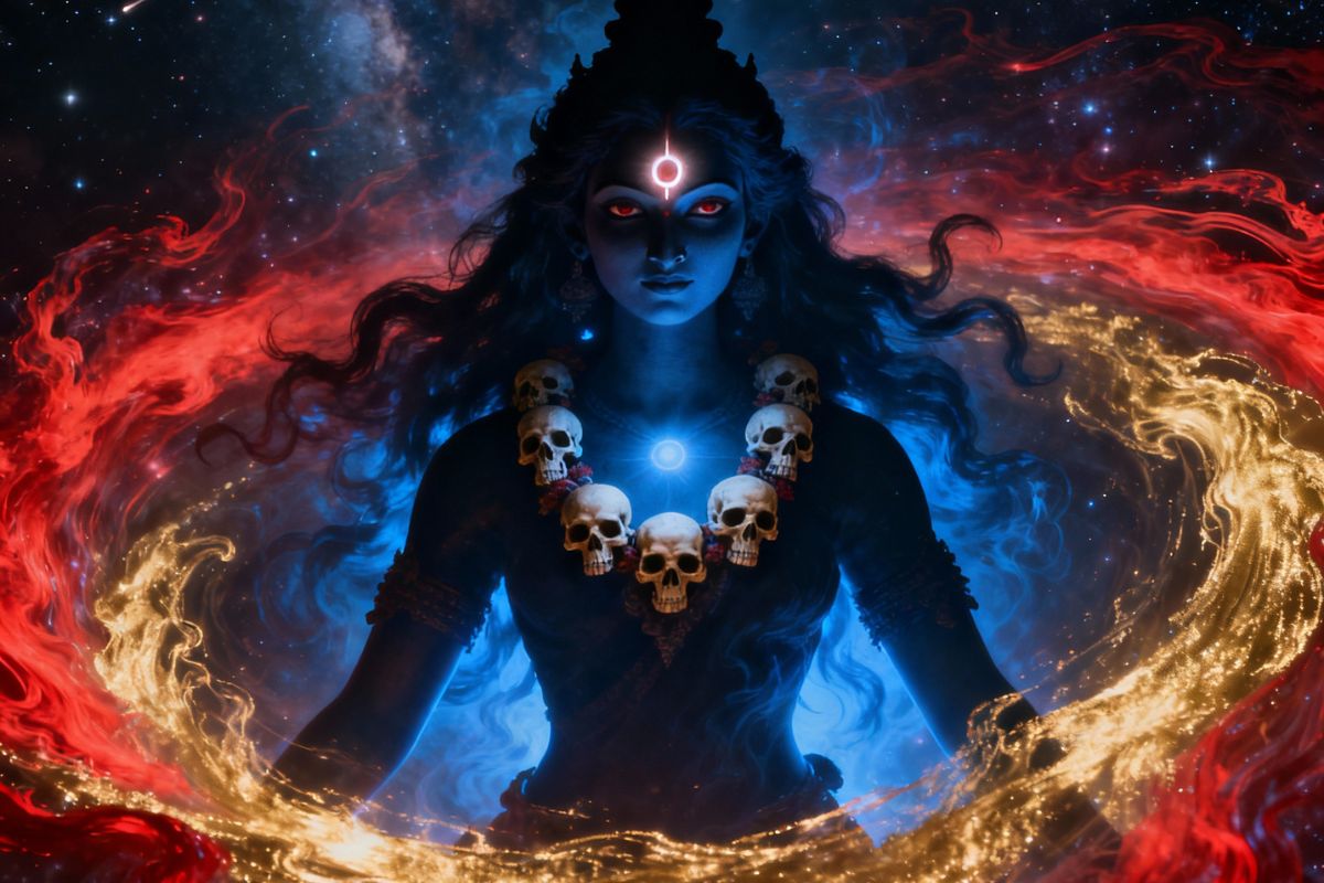 Divine figure of Goddess Kali with glowing red eyes, skull necklace, and cosmic aura—symbolizing fierce energy and spiritual shielding in Kali Stotra for protection. which is dakshina kali stotra
