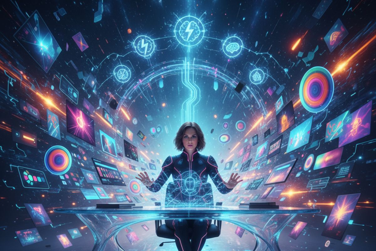 "Futuristic cityscape with glowing pathways and floating cubes—evoking advanced creativity and visual storytelling enabled by Canva AI tools."