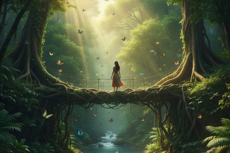 A glowing forest scene with floating particles and vine bridges—an ethereal hidden gem for self renewal, perfect for dreamers and seekers of magic.”