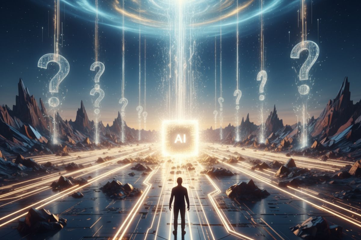 Central glowing cube surrounded by humanoids and swirling lights—symbolizing core intelligence and transformation in AI powered search."