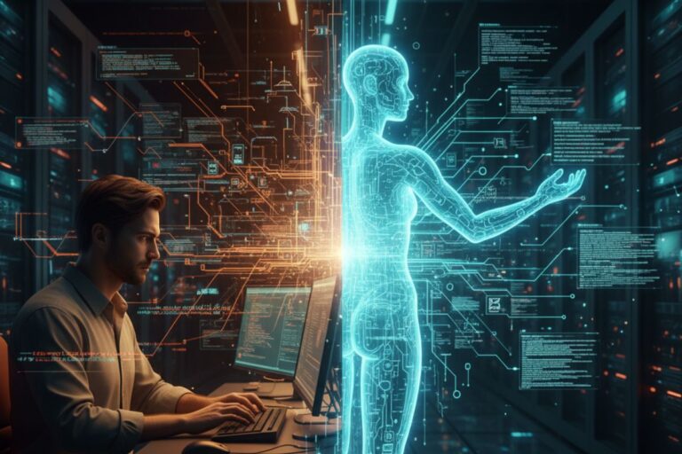 A glowing blue AI reaches toward a digital interface as a human works nearby—depicting seamless collaboration between developers and automated testing AI systems.”