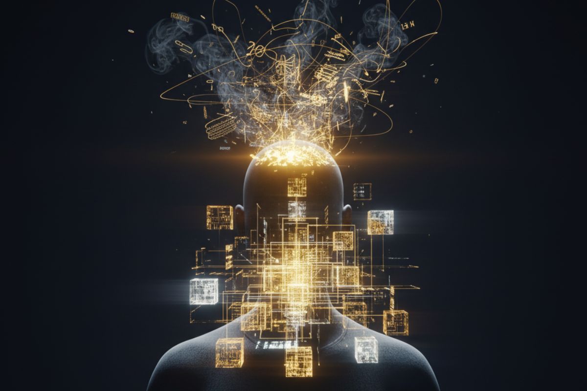 Figure navigating a futuristic corridor of floating data blocks—illustrating immersive task management and smart navigation in Notion AI features."