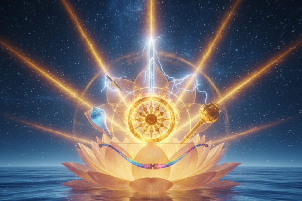 Divine cosmic illustration featuring a radiant lotus, mandala light burst, and mystical weapons—symbolizing spiritual energy and protection in Vishnu Panch ayudha Stotram in hindi.