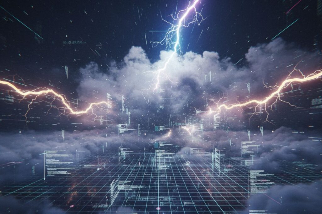 A stormy sky with lightning bolts above a digital grid—evoking the power and unpredictability of AI data labelling as it transforms raw information into structured insight.”