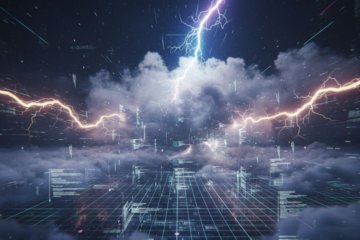 A stormy sky with lightning bolts above a digital grid—evoking the power and unpredictability of AI data labelling as it transforms raw information into structured insight.”