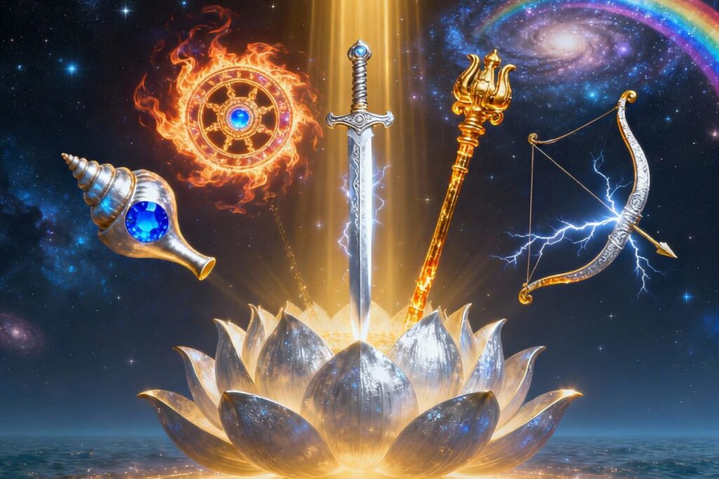 Cosmic artwork depicting the five divine weapons of Lord Vishnu—chakra, conch, sword, bow, and trident—emerging from a radiant lotus, symbolizing protection and spiritual power in Vishnu Panch ayudha Stotram in Hindi.