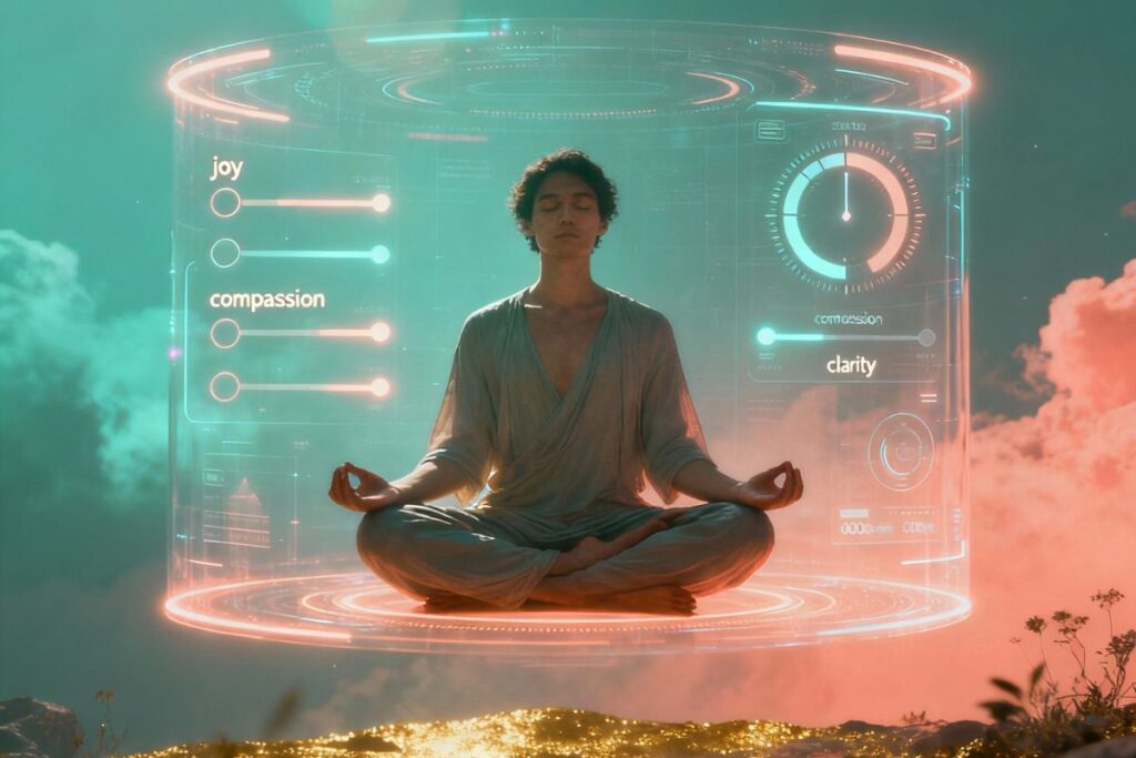 : “A person in meditation surrounded by holographic light and digital textures—capturing a self-worth boost through tech-enhanced mindfulness and inner stillness.”