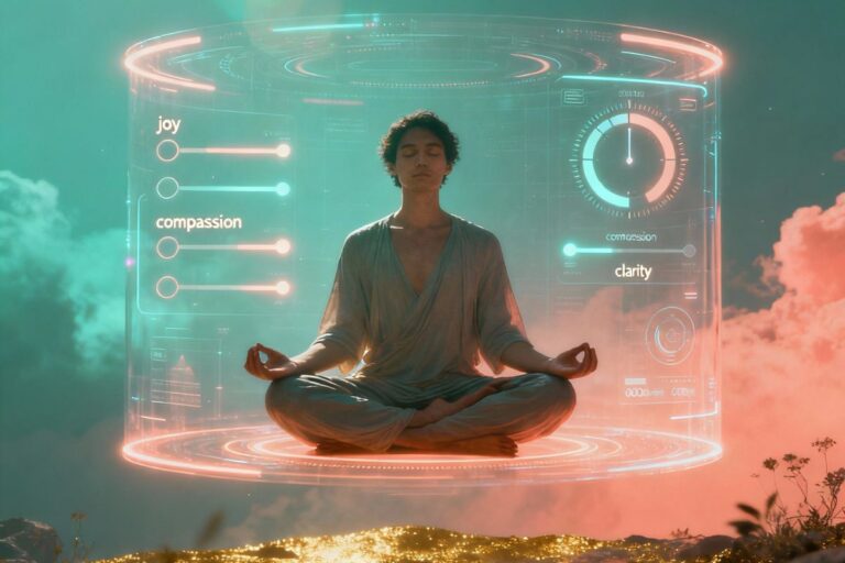 : “A person in meditation surrounded by holographic light and digital textures—capturing a self-worth boost through tech-enhanced mindfulness and inner stillness.”