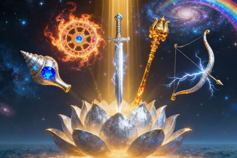 Cosmic artwork depicting the five divine weapons of Lord Vishnu—chakra, conch, sword, bow, and trident—emerging from a radiant lotus, symbolizing protection and spiritual power in Vishnu Panch ayudha Stotram in Hindi.