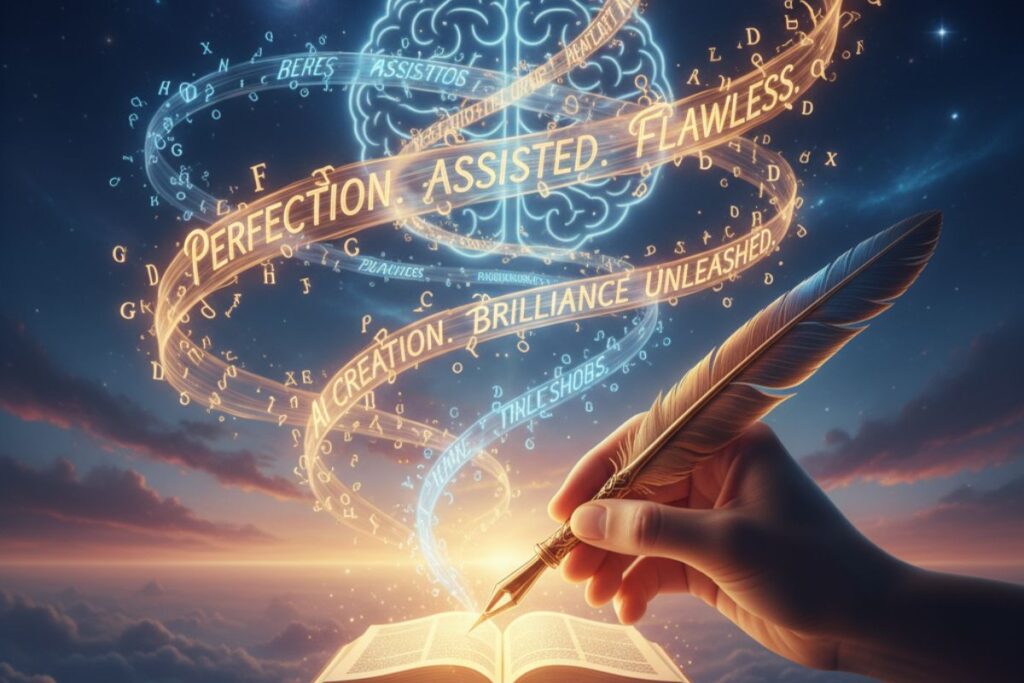 "Books soaring through a cosmic landscape with glowing symbols—evoking expansive knowledge and multilingual support offered by Grammarly AI features."