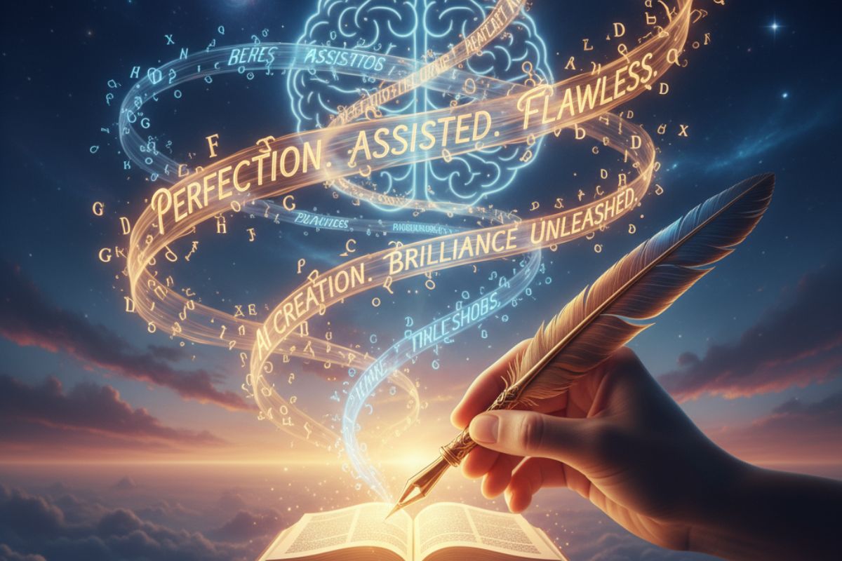 "Books soaring through a cosmic landscape with glowing symbols—evoking expansive knowledge and multilingual support offered by Grammarly AI features."