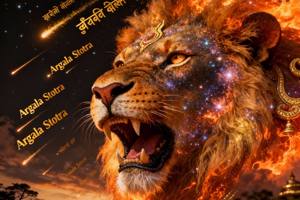 Celestial lion roaring amidst cosmic flames and stars, symbolizing divine strength and protection evoked through Argala Stotram in Hindi.