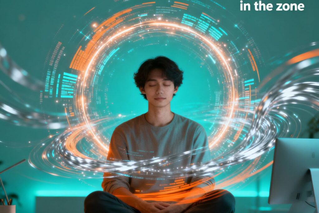 “A serene figure sits within a glowing digital aura—evoking the inner stillness and balance achieved through effortless focus techniques in modern mindfulness.”