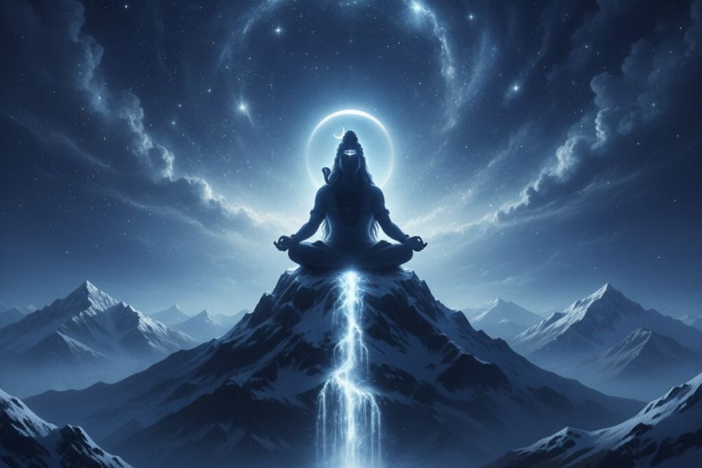 Visual representation of shiva ashtakam in hindi—a meditating figure atop a Himalayan peak, surrounded by celestial light and cosmic energy, symbolizing spiritual ascension, divine connection, and the transformative power of Shiva’s eight sacred verses.”