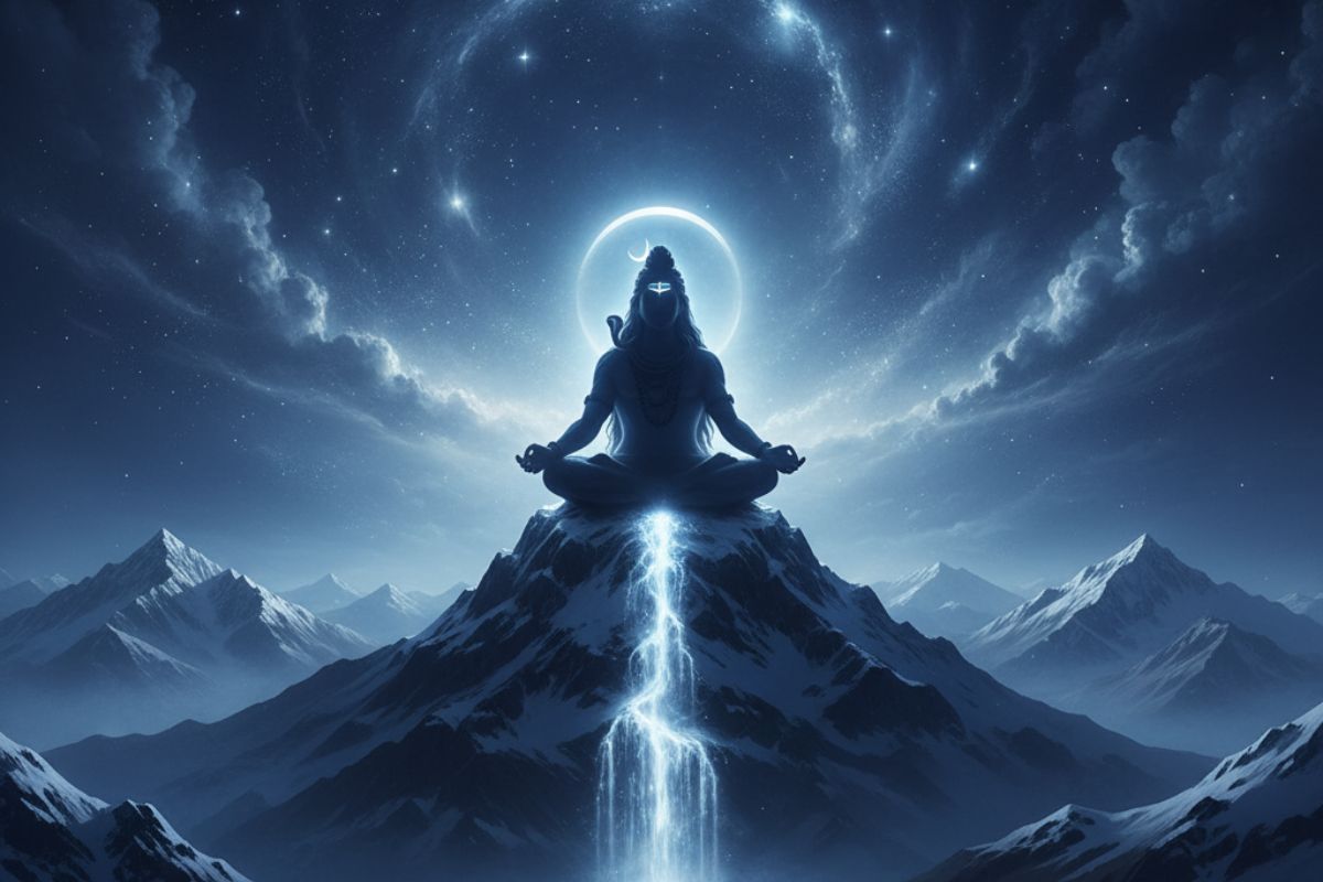 Visual representation of shiva ashtakam in hindi—a meditating figure atop a Himalayan peak, surrounded by celestial light and cosmic energy, symbolizing spiritual ascension, divine connection, and the transformative power of Shiva’s eight sacred verses.”