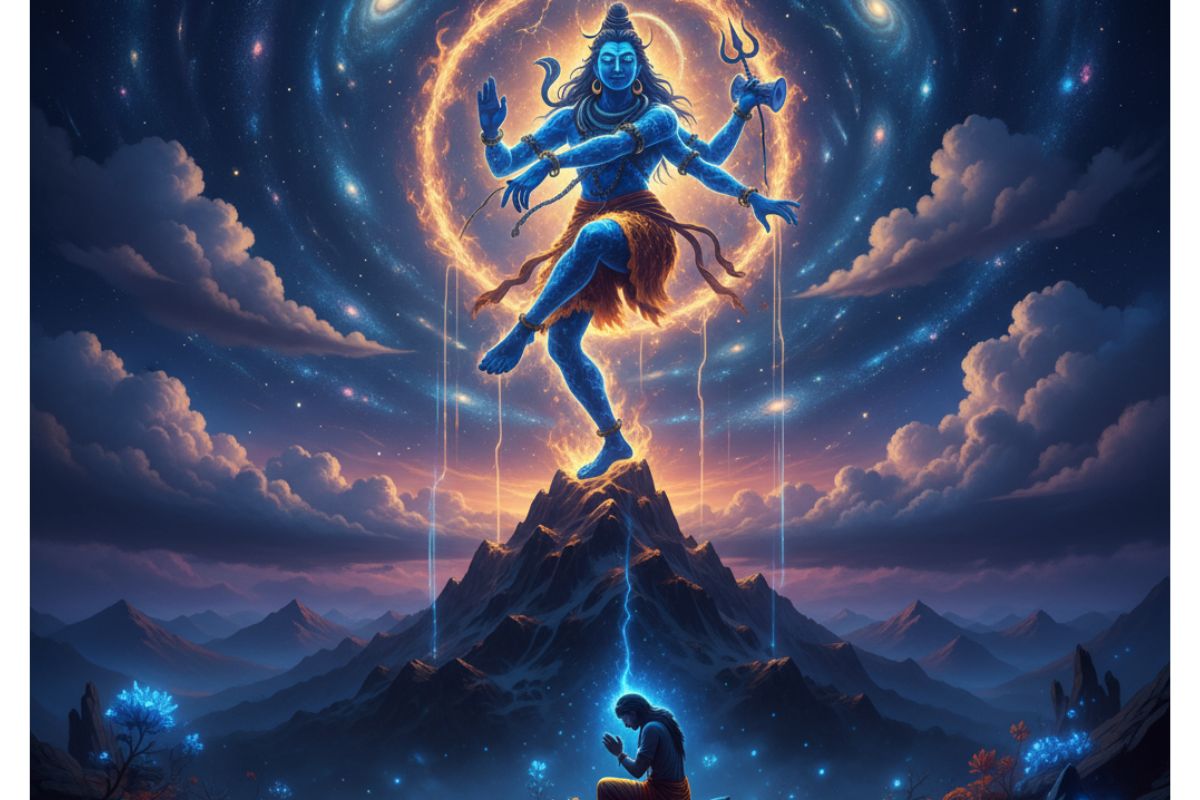 "Celestial deity dancing above a mountain peak, radiating cosmic light toward a meditating devotee—symbolizing divine connection and spiritual essence in Vedsara Stotra in Hindi., revealing various Vedsara stotra benefits, it is a really powerful shiva stotra.