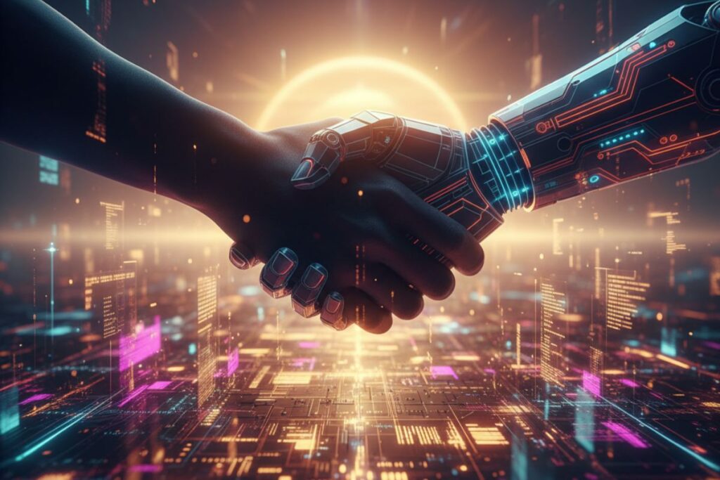 Futuristic handshake between a human and robotic hand, illuminated by neon lights and a radiant energy source in the background — symbolizing a transformative AI breakthrough and the evolving synergy in AI updates and human collaboration.