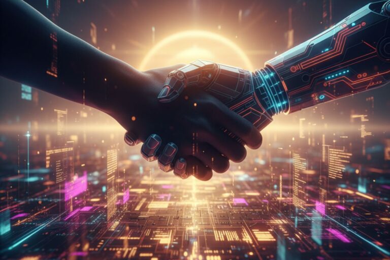Futuristic handshake between a human and robotic hand, illuminated by neon lights and a radiant energy source in the background — symbolizing a transformative AI breakthrough and the evolving synergy in AI updates and human collaboration.