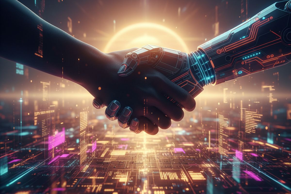 Futuristic handshake between a human and robotic hand, illuminated by neon lights and a radiant energy source in the background — symbolizing a transformative AI breakthrough and the evolving synergy in AI updates and human collaboration.