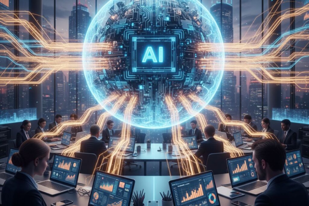 Radiant AI core surrounded by digital interfaces in a control room, symbolizing the infrastructure behind AI for retail — from personalized recommendations to predictive analytics.
