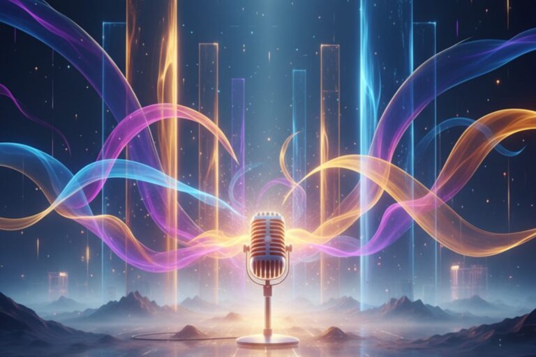 Glowing microphone surrounded by radiant, multicolored patterns—depicting harmony, emotion, and futuristic creativity in AI music production."