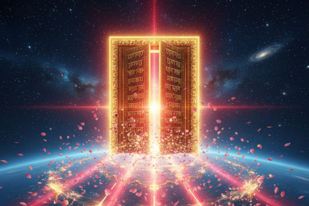 Golden cosmic gateway radiating divine energy and light, symbolizing spiritual awakening and transition through the sacred chant of Argala Stotram in hindi.