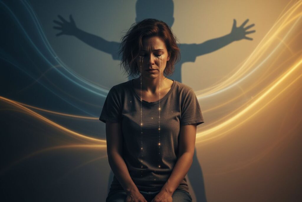 A person stands with crossed arms as shadowy limbs stretch outward—symbolizing inner emotional struggle and resilience in the journey of mental health for parents and children.”