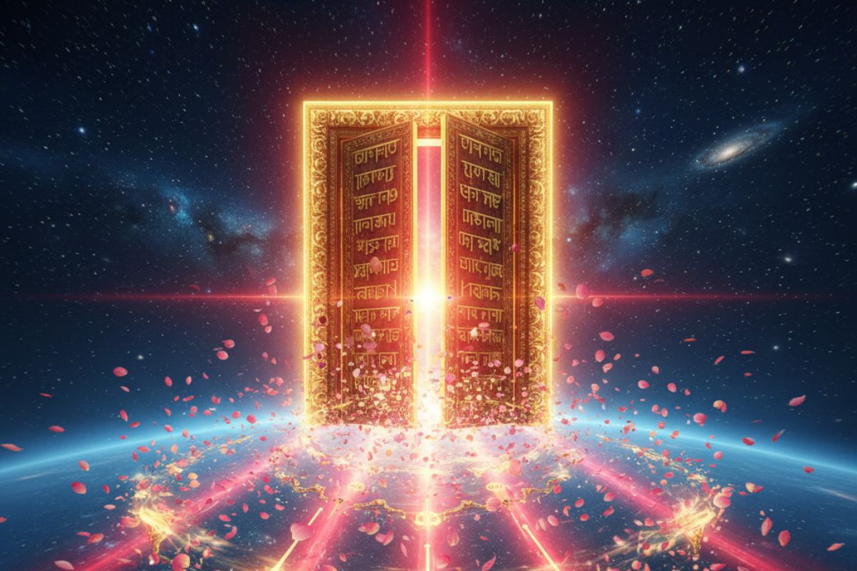 Golden cosmic gateway radiating divine energy and light, symbolizing spiritual awakening and transition through the sacred chant of Argala Stotram in hindi.