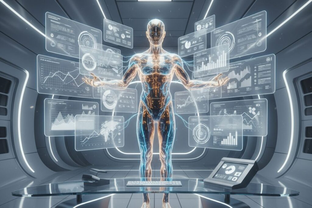 "Human figure interacting with transparent digital interface and glowing internal systems—evoking personalized, multimedia-rich narratives enabled by Tome AI creation."