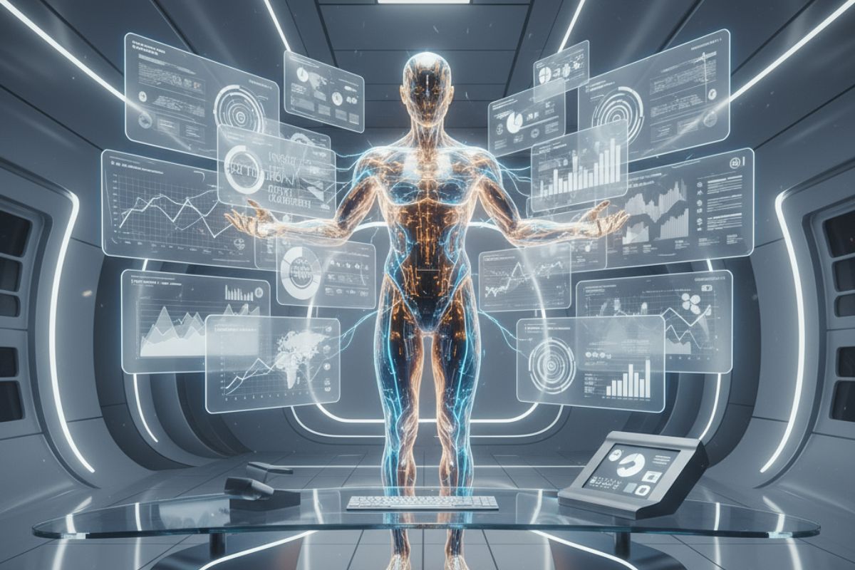 "Human figure interacting with transparent digital interface and glowing internal systems—evoking personalized, multimedia-rich narratives enabled by Tome AI creation."