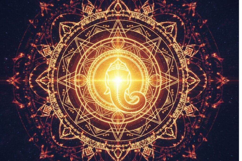Celestial elephant head glowing in the night sky above a luminous path through mountains, symbolizing divine guidance and wisdom in Ganesh Atharvashirsha in Hindi.