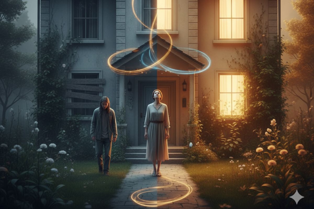 Two people walk beneath a streetlight surrounded by glowing digital swirls—symbolizing how the psychology of home environment extends into shared outdoor spaces and emotional connection.”