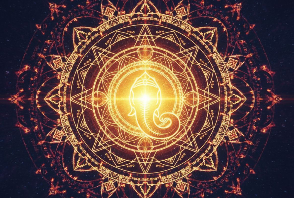Celestial elephant head glowing in the night sky above a luminous path through mountains, symbolizing divine guidance and wisdom in Ganesh Atharvashirsha in Hindi.
