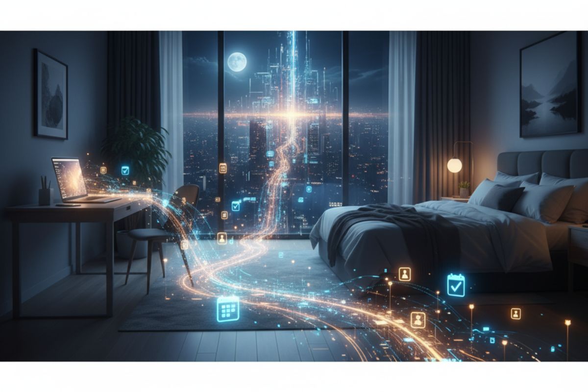 Modern bedroom infused with glowing digital flows—illustrating the fusion of daily life and invisible automation with AI."