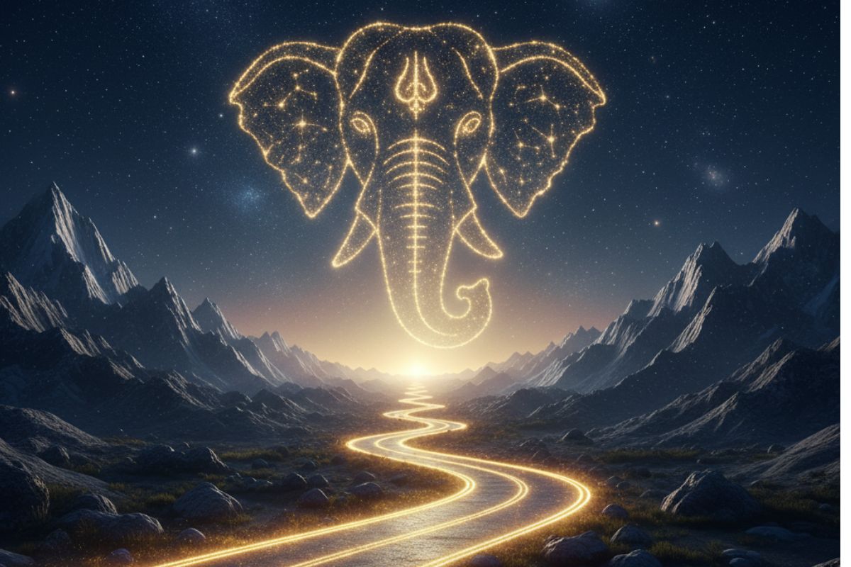 Glowing celestial elephant head shines above a radiant mountain path under a starry sky, symbolizing spiritual guidance and divine wisdom in Ganesh Atharvashirsha in Hindi.