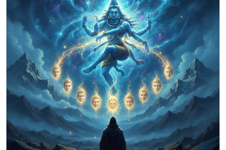 Celestial multi-armed deity radiating energy above a cloaked figure—depicting divine power and cosmic reverence in Shiva Tandav Stotram in Hindi with meaning."