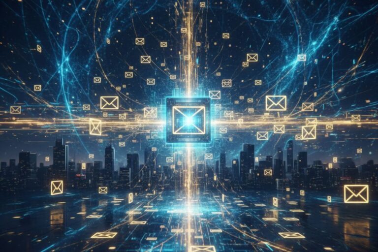 Elegant digital landscape with a central glowing envelope, depicting a futuristic hub of AI email automation and centralized message control.