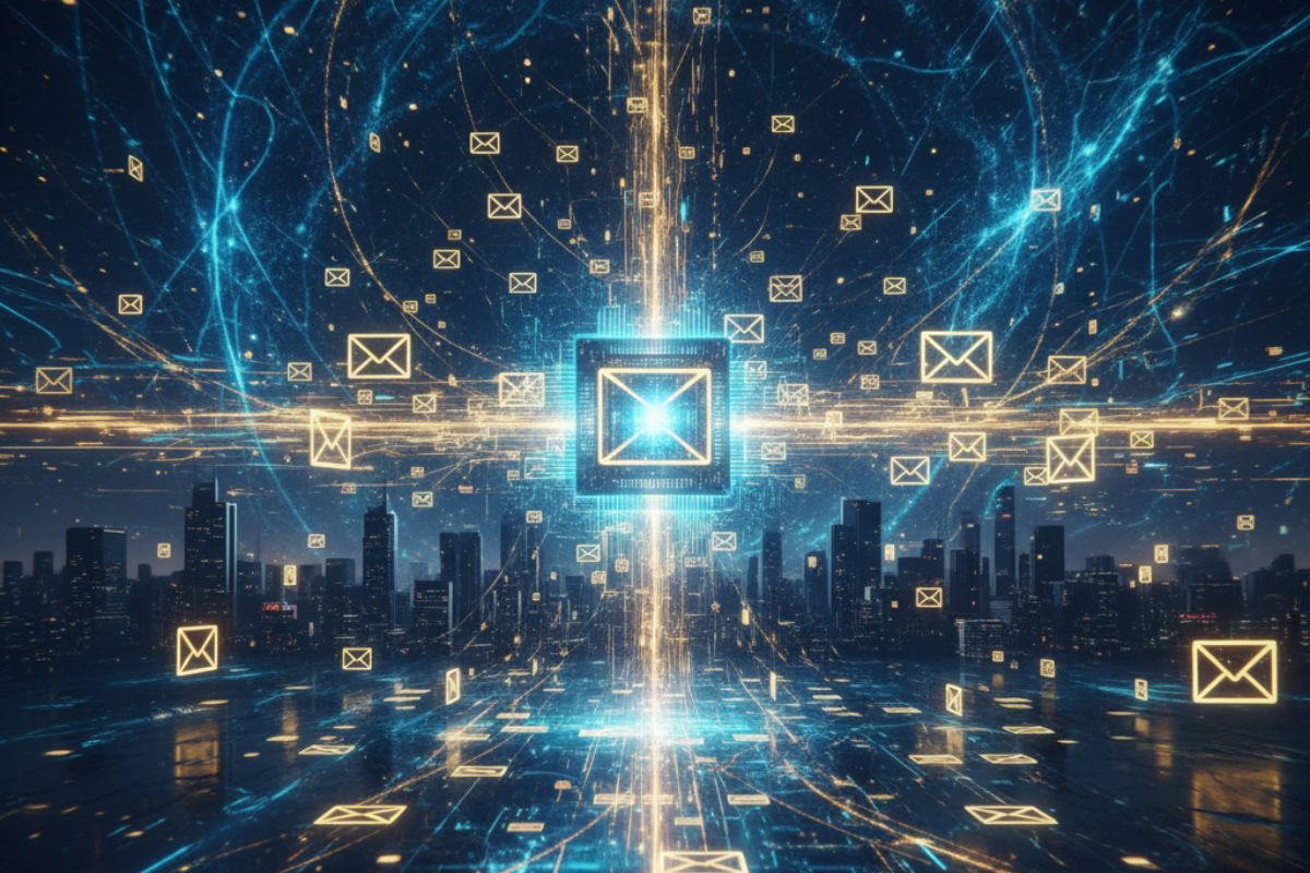 Elegant digital landscape with a central glowing envelope, depicting a futuristic hub of AI email automation and centralized message control.