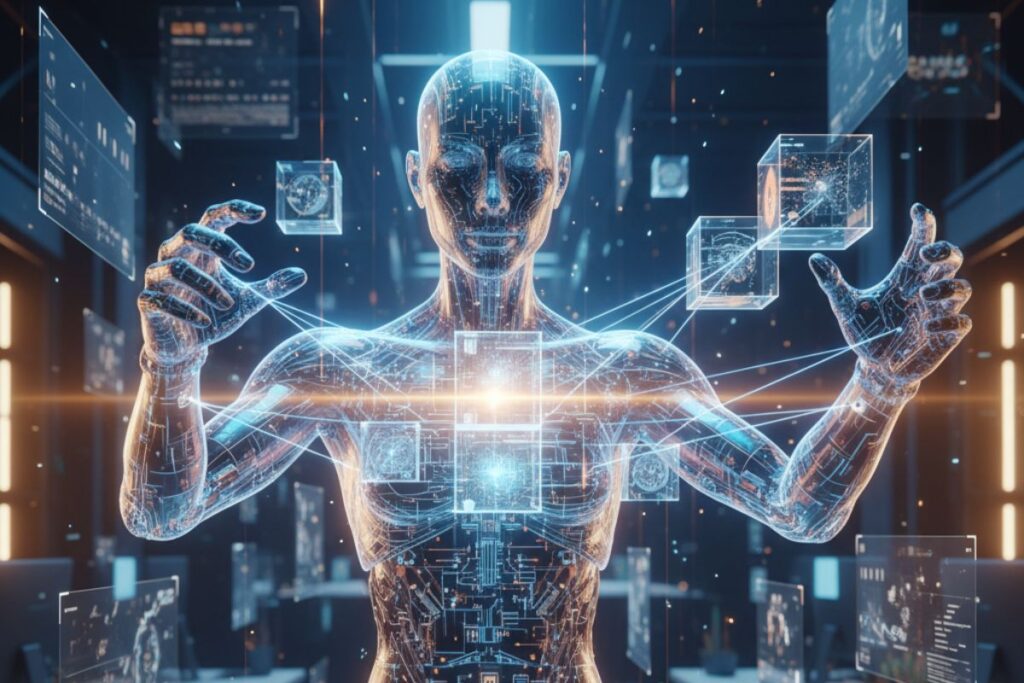 Cybernetic figure immersed in holographic interfaces and data flows, visualizing the seamless integration of human insight and AI modeling tools for advanced analysis.