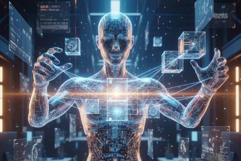 Cybernetic figure immersed in holographic interfaces and data flows, visualizing the seamless integration of human insight and AI modeling tools for advanced analysis.