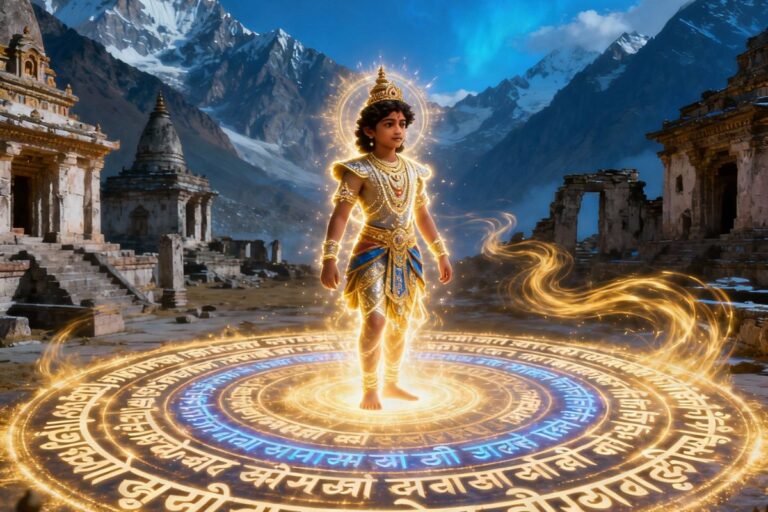 Divine visualization of batuk bhairav bramha kavach hindi—golden-clad deity radiates protective energy atop a sacred mandala, surrounded by ancient temples and snow-capped peaks, symbolizing spiritual armor and cosmic guardianship.”