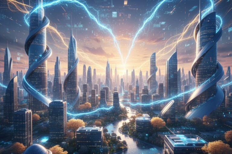 Futuristic cityscape with spiraling skyscrapers, glowing energy beams, and a sunset-lit skyline—symbolizing the visionary potential of the best AI tools shaping tomorrow’s urban and technological landscapes."