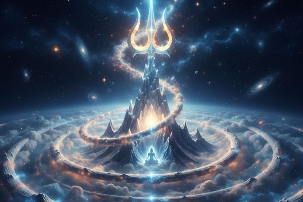 Radiant trident atop a glowing cosmic spire surrounded by energy rings—symbolizing divine ascent and spiritual essence in Vedasara Stotra in hindi.