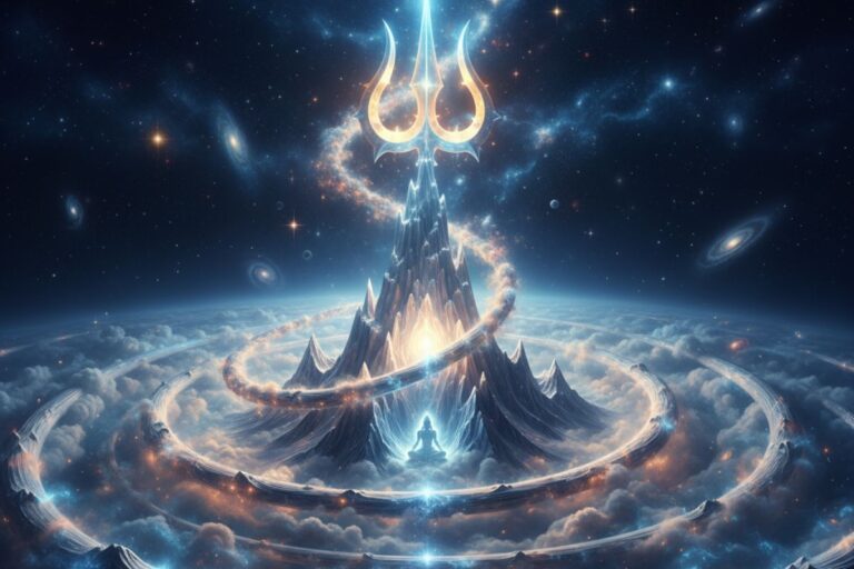 Radiant trident atop a glowing cosmic spire surrounded by energy rings—symbolizing divine ascent and spiritual essence in Vedasara Stotra in hindi.