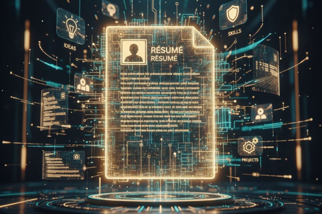 Close-up of a futuristic resume interface with profile details and data points, illustrating the structured output of an AI resume generator for professional identity management.