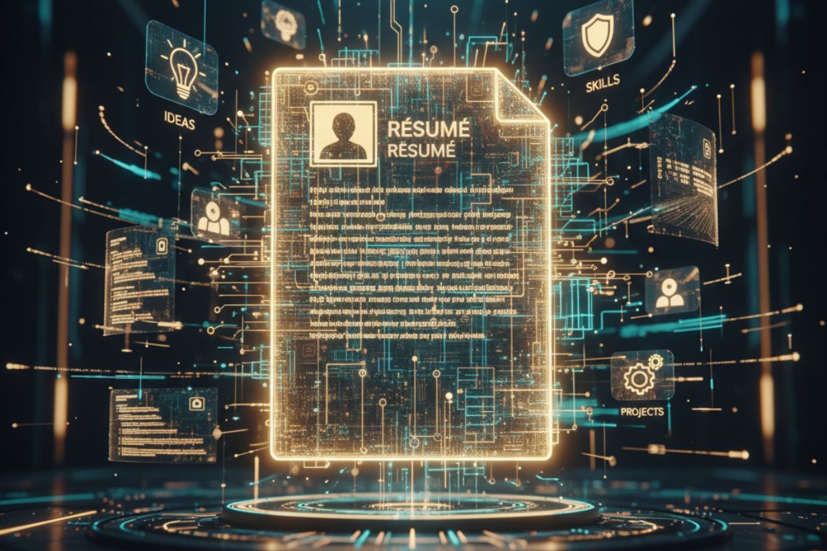 Close-up of a futuristic resume interface with profile details and data points, illustrating the structured output of an AI resume generator for professional identity management.