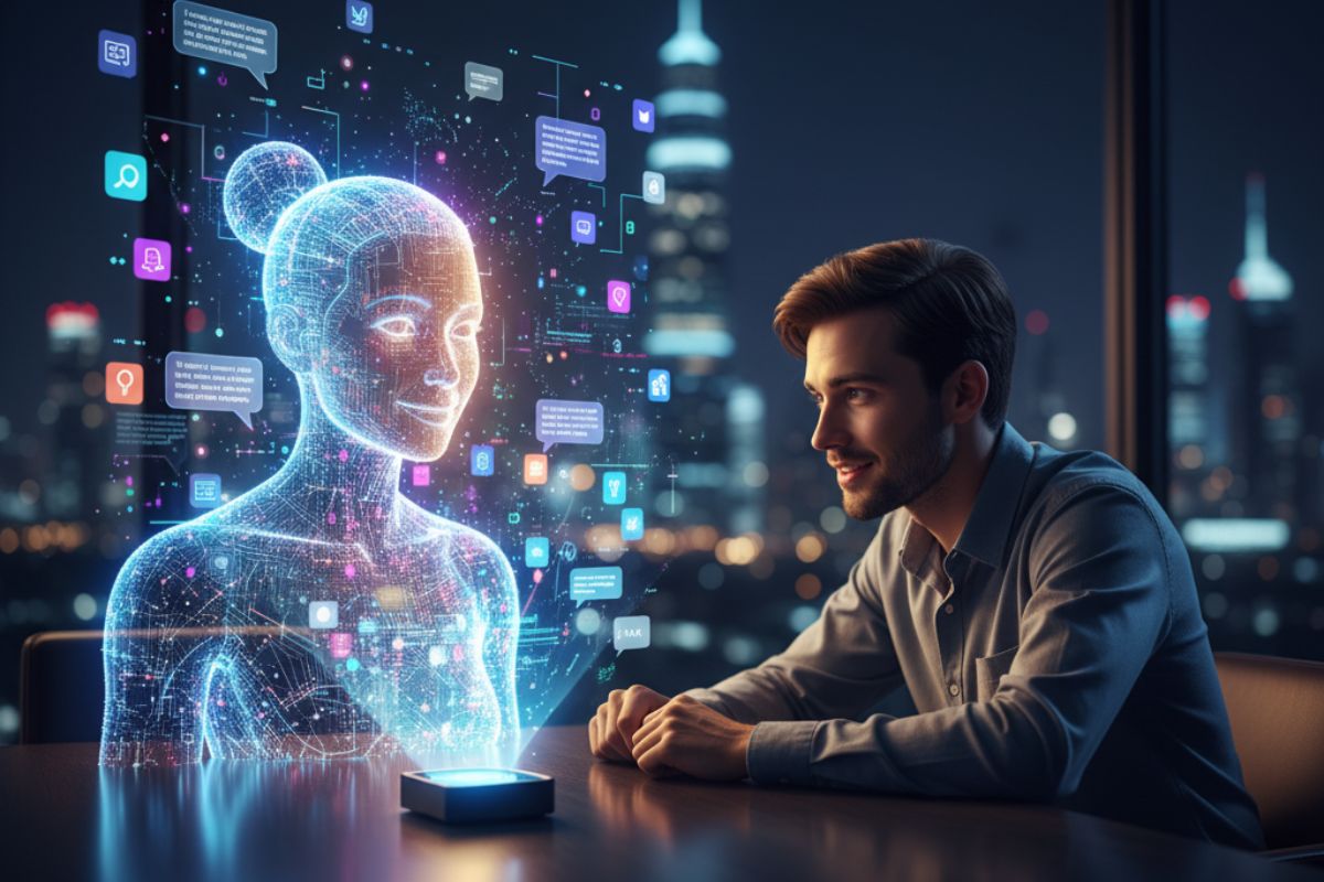 Human user engaging with a holographic AI chat assistant projected from a device, set against a luminous city backdrop — visualizing seamless, emotionally intelligent human-AI interaction.