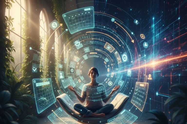 Person meditating inside a tunnel of holographic screens—representing mindful writing and immersive focus in Notion AI use cases."