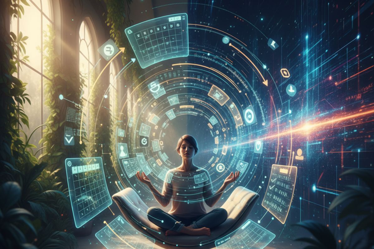 Person meditating inside a tunnel of holographic screens—representing mindful writing and immersive focus in Notion AI use cases."